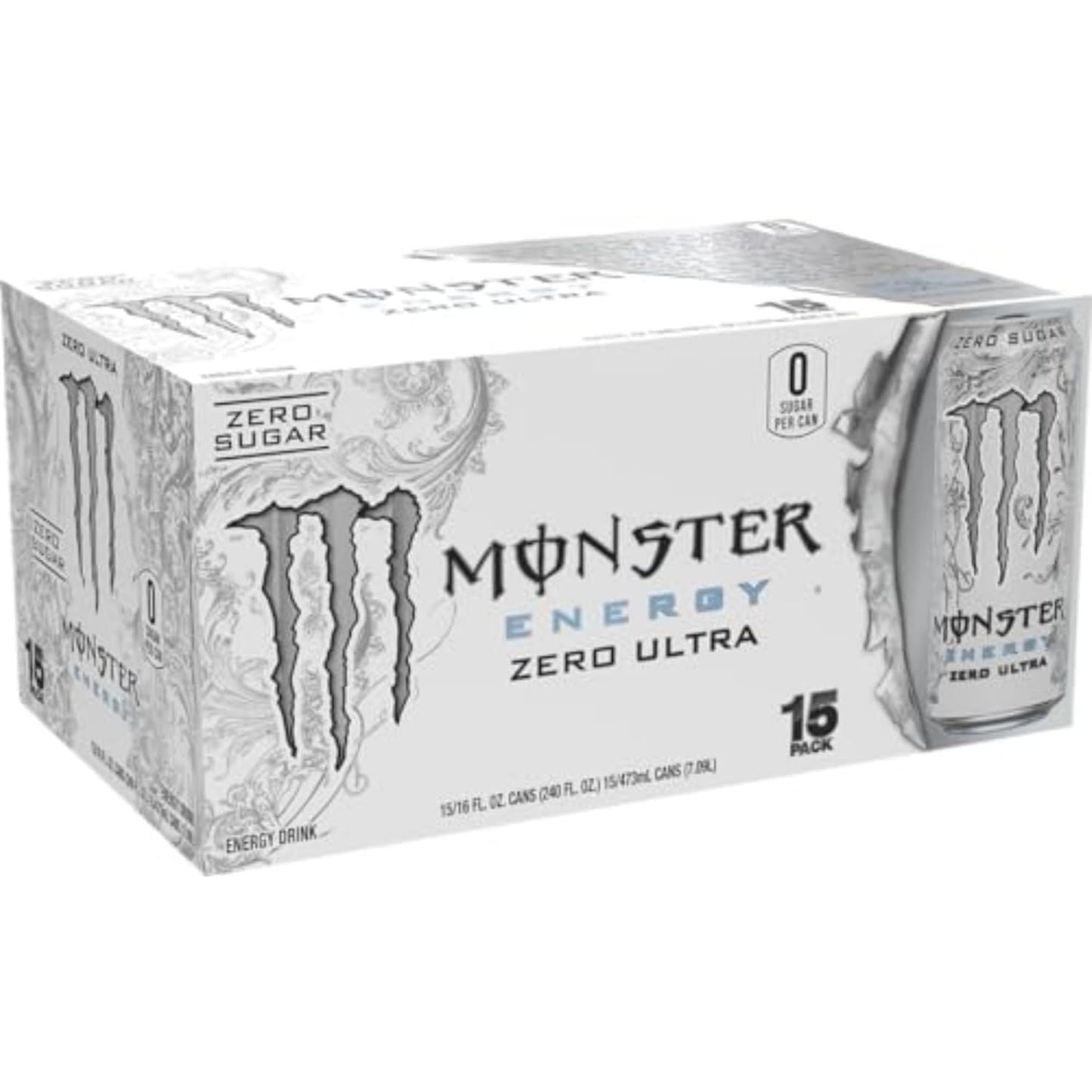 Monster Energy Zero Ultra, Sugar Free Energy Drink, 16 Ounce (Pack of 15)